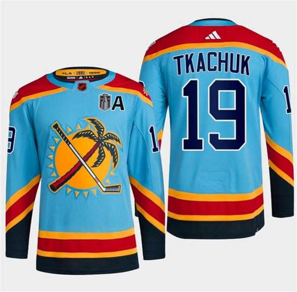 Men%27s Florida Panthers #19 Matthew Tkachuk Blue 2024 Stanley Cup Final Patch Reverse Retro Stitched Jersey Dzhi